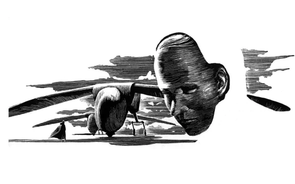 Sci‑Fi Dune HD PC desktop wallpaper/background: black-and-white surreal desert with a giant floating sculpted head, hovering craft and streaked clouds across the horizon.