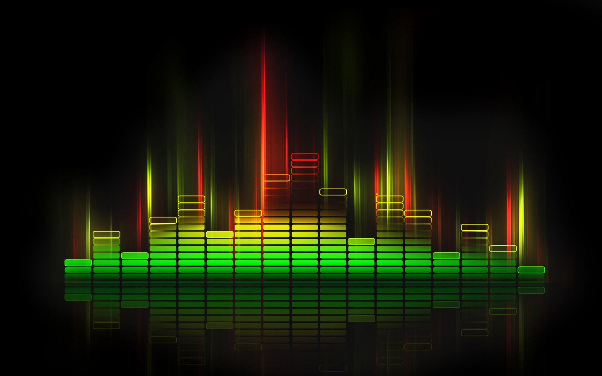An abstract HD desktop wallpaper featuring vibrant colors in a sound wave pattern, showcasing a dynamic interplay of green, yellow, and red against a dark background.