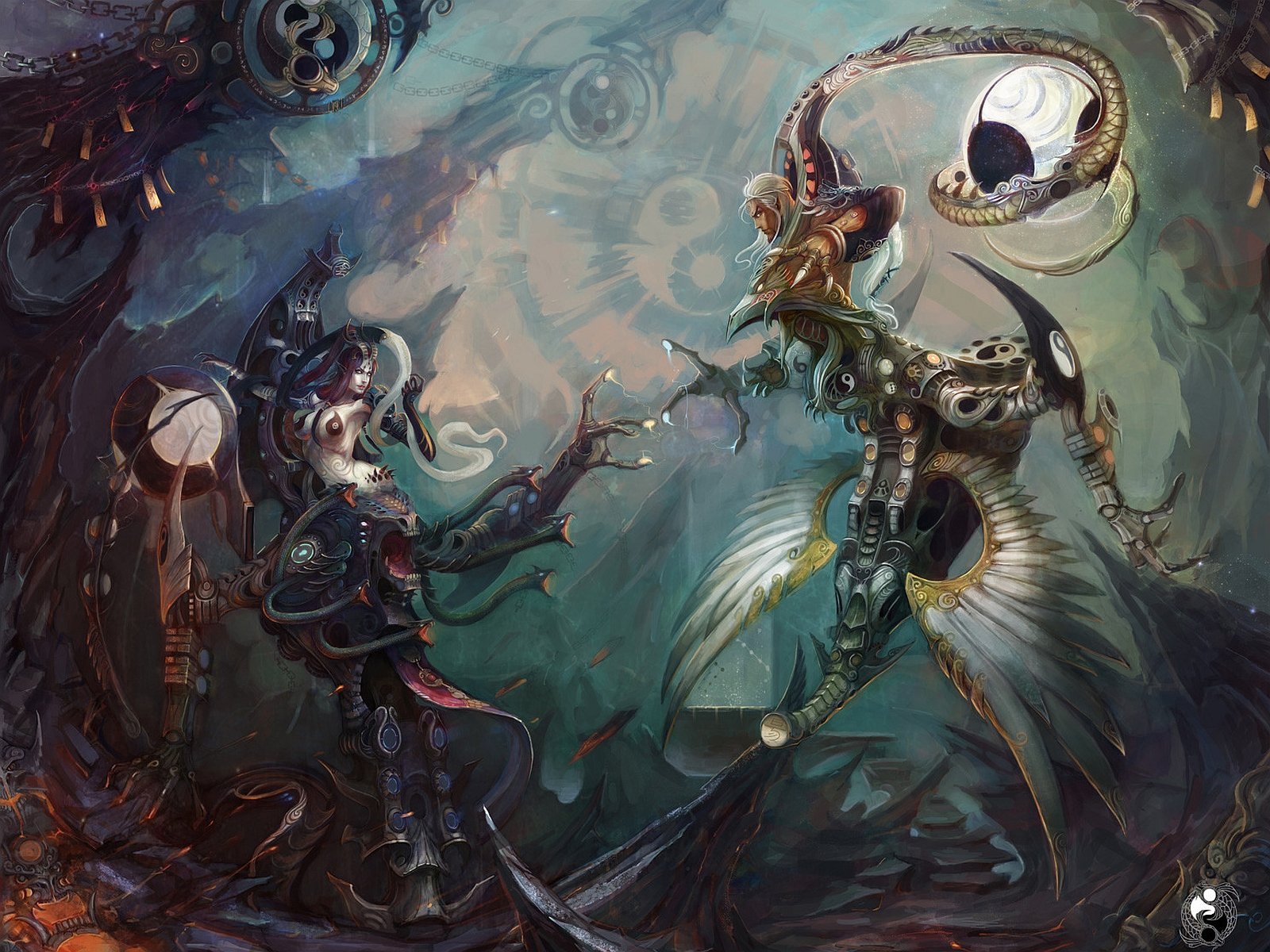 HD fantasy desktop wallpaper featuring two intricately armored fantasy warriors in a mystical, otherworldly setting with dynamic poses and detailed designs.