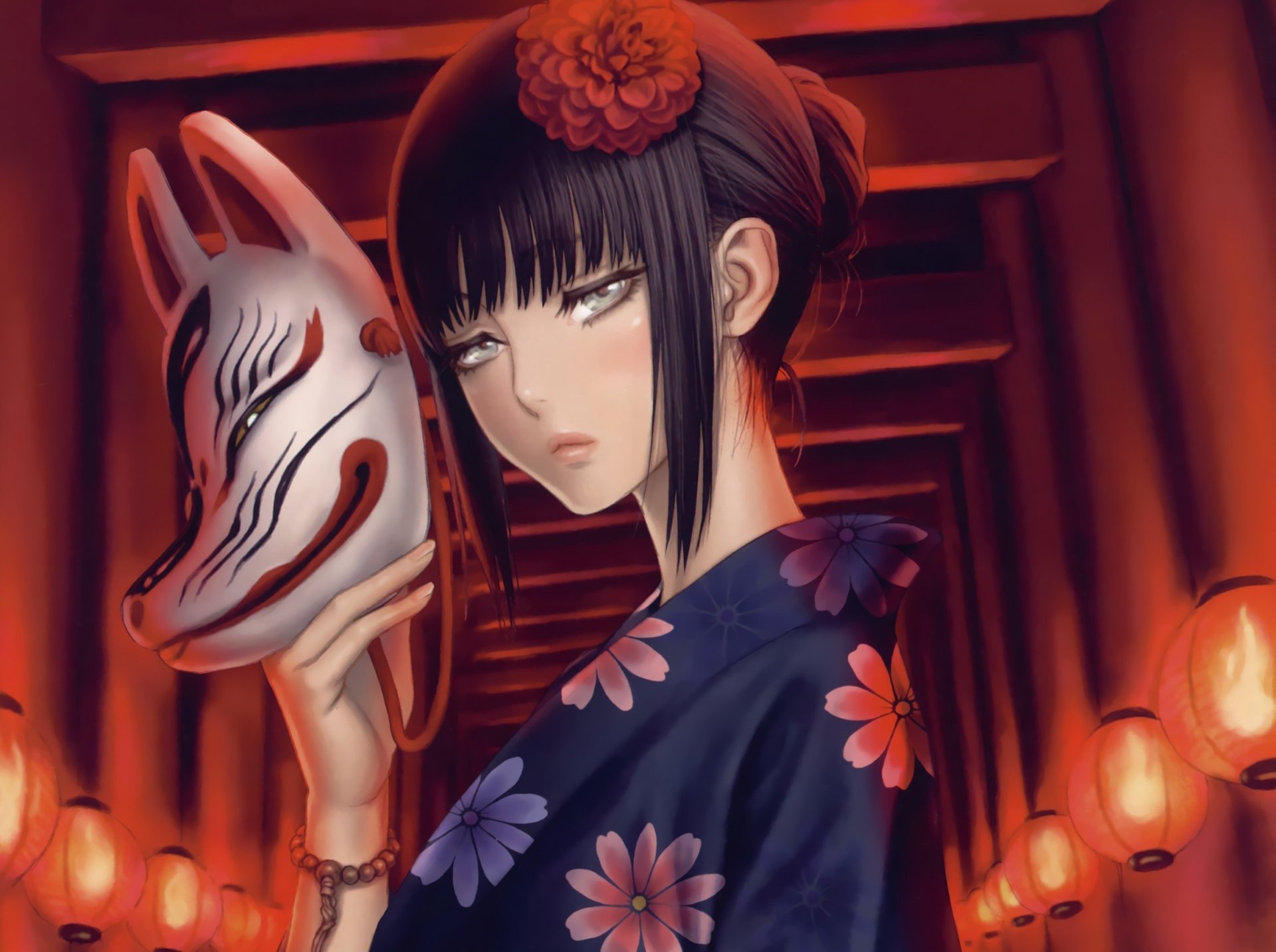 An enchanting anime girl wearing a floral kimono holds a masked fox, set against a backdrop of glowing lanterns, creating a captivating HD wallpaper.