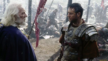 HD desktop wallpaper of a scene from the movie Gladiator, featuring two characters in conversation amidst a chaotic battlefield backdrop.
