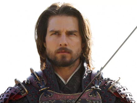 A striking HD desktop wallpaper from the movie The Last Samurai, featuring a brooding character dressed in traditional armor, with a sword poised and a determined expression.