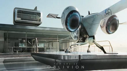 HD PC desktop wallpaper from the movie Oblivion (2013) featuring a futuristic drone hovering near a modern glass building.