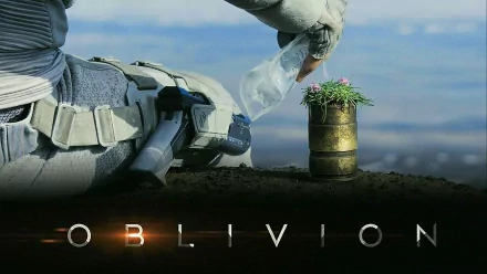 A scene from the movie Oblivion, featuring a character nurturing a small plant in a metallic canister against a vast landscape, presented as an HD desktop wallpaper.