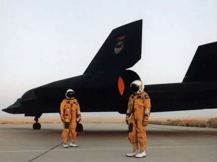 Two pilots in yellow flight suits stand beside a Lockheed SR-71 Blackbird on the runway, showcasing this legendary military aircraft in stunning detail.