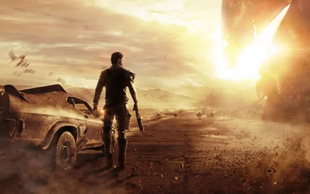 A striking HD desktop wallpaper from the Mad Max video game, featuring a lone figure walking towards a dramatic sunset with a rugged car in a desolate landscape.