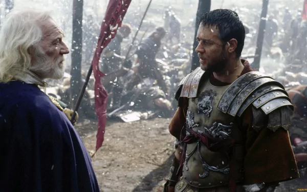 HD desktop wallpaper of a scene from the movie Gladiator, featuring two characters in conversation amidst a chaotic battlefield backdrop.