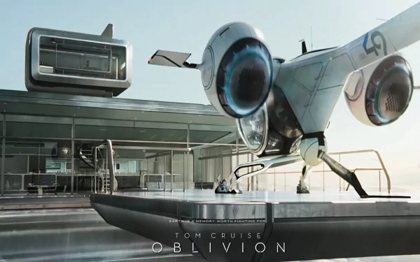 HD PC desktop wallpaper from the movie Oblivion (2013) featuring a futuristic drone hovering near a modern glass building.
