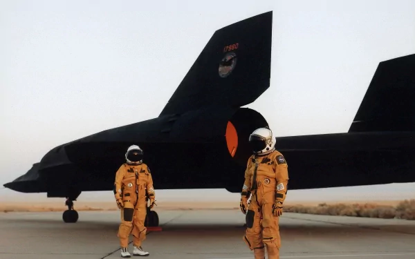 Two pilots in yellow flight suits stand beside a Lockheed SR-71 Blackbird on the runway, showcasing this legendary military aircraft in stunning detail.