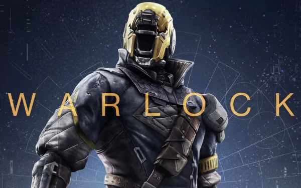 HD desktop wallpaper featuring a Warlock from the video game Destiny. The Warlock is standing against a starry background with the word WARLOCK prominently displayed.