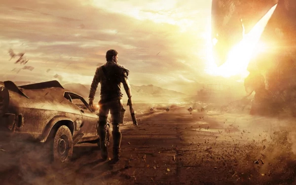 A striking HD desktop wallpaper from the Mad Max video game, featuring a lone figure walking towards a dramatic sunset with a rugged car in a desolate landscape.