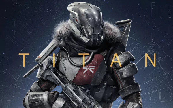 A striking HD desktop wallpaper featuring a Titan character from the video game Destiny, showcasing detailed armor and a dramatic space background.