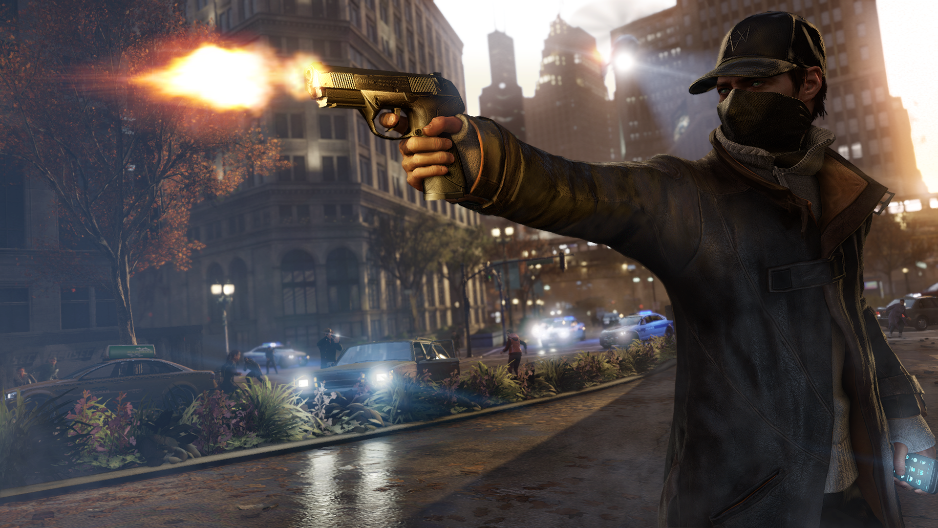 Aiden Pearce from the video game Watch Dogs is depicted in this HD PC desktop wallpaper, aiming a gun in an urban environment, highlighting a moment of action and tension.