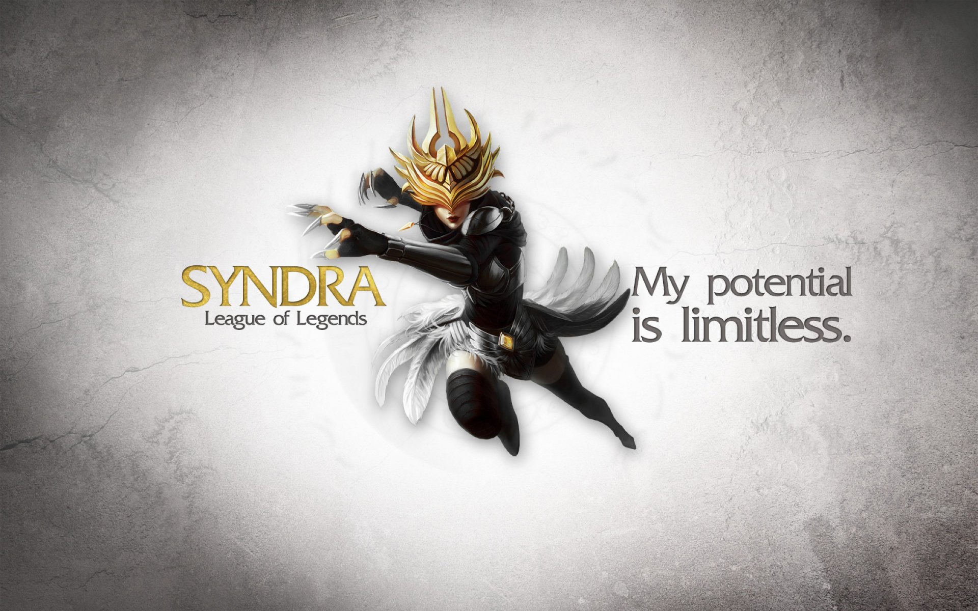 HD PC desktop wallpaper featuring Syndra from League of Legends with the quote My potential is limitless in a dynamic video game art style.