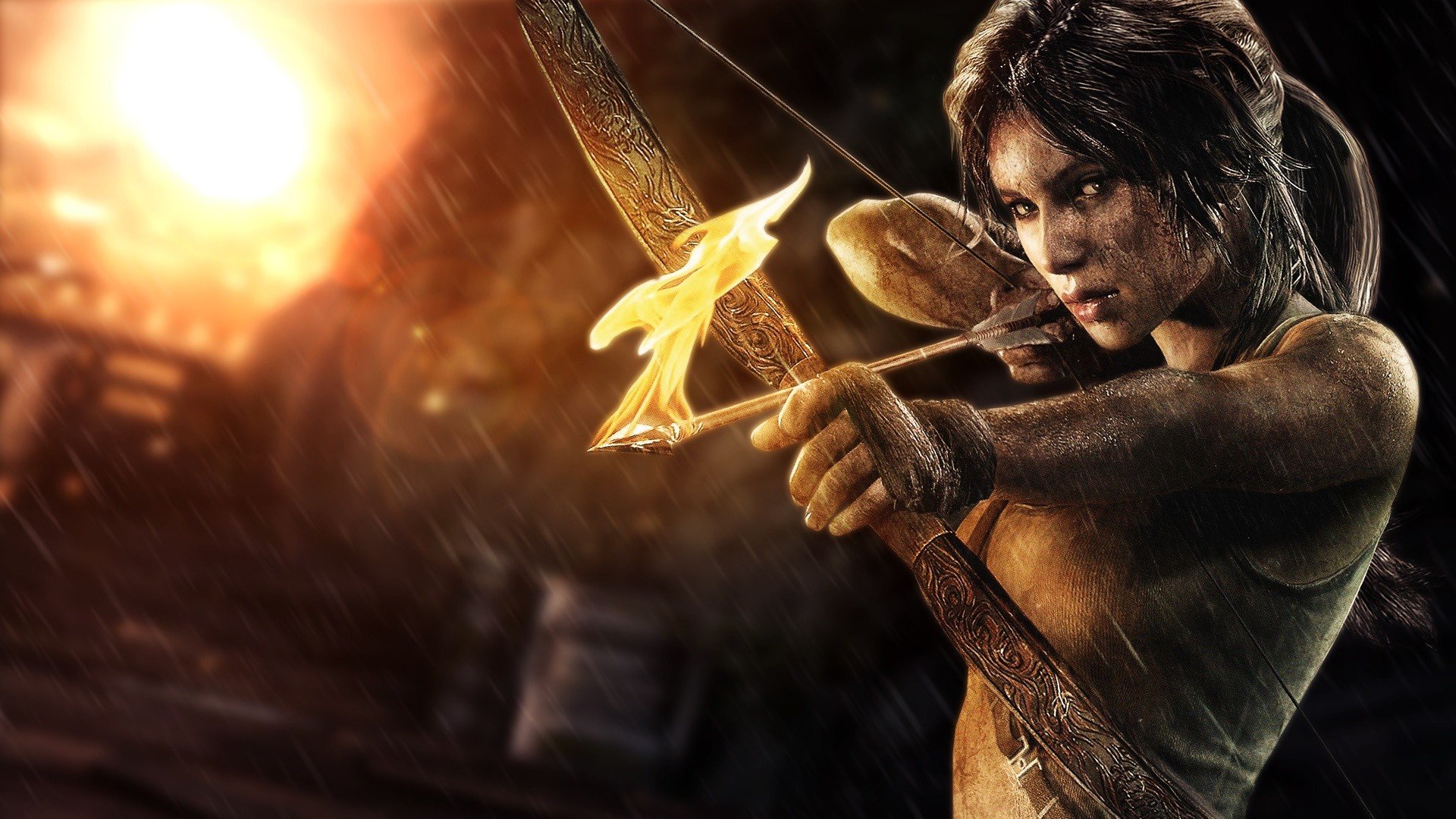 HD PC desktop wallpaper featuring Lara Croft from the video game Tomb Raider, aiming with a bow and arrow illuminated by warm, glowing light.