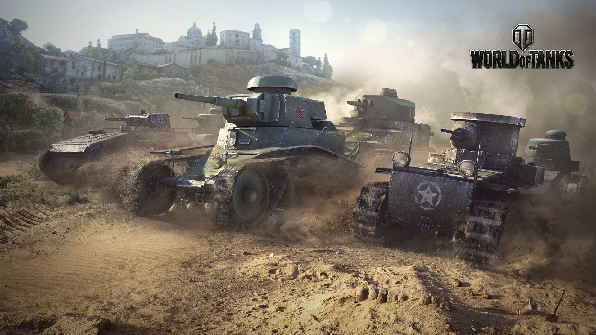 An action-packed scene from the video game World of Tanks, featuring detailed tanks moving through a dusty battlefield with a distant city in the background.