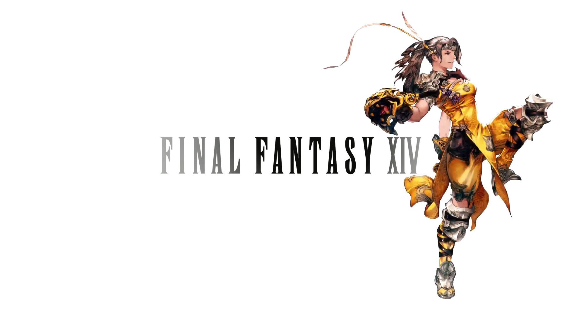 HD PC desktop wallpaper for the video game Final Fantasy XIV: logo centered-left with a dynamic female character in yellow dancer-style armor on a clean white background.