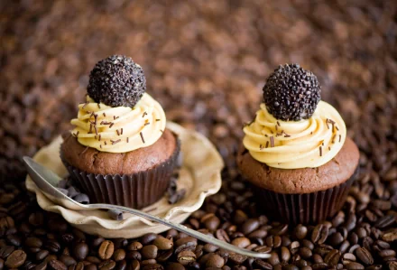 Two decadent cupcakes with creamy frosting and chocolate truffles sit on a decorative plate, surrounded by a rich background of coffee beans. A delightful food-themed desktop wallpaper.