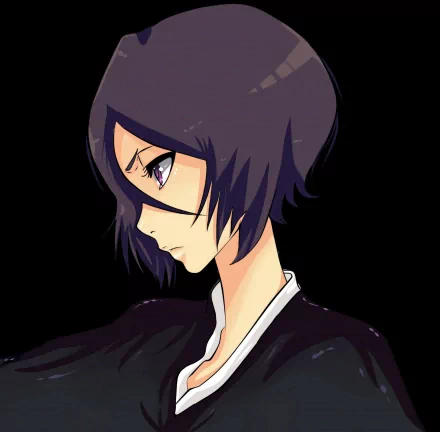 A captivating HD desktop wallpaper featuring Rukia Kuchiki from the anime Bleach, showcasing her profile with a thoughtful expression against a dark background.