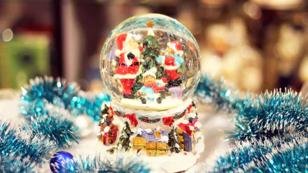HD PC desktop wallpaper featuring a festive Christmas snow globe with Santa Claus and holiday decorations surrounded by blue tinsel.