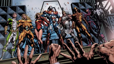 A dynamic HD wallpaper featuring iconic Marvel characters like Ms. Marvel, Iron Man, Thor, and Wolverine, showcasing the Dark Avengers in a vivid comic-style illustration.
