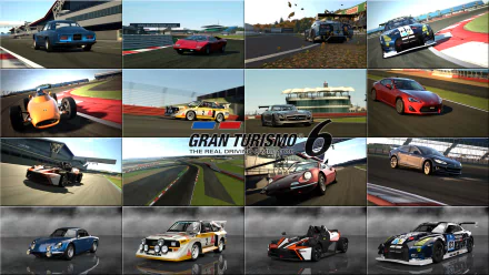 Collage of high-definition Gran Turismo 6 racing cars and tracks, showcasing various vehicles and dynamic race scenes from the video game as a PC desktop wallpaper.