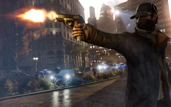 Aiden Pearce from the video game Watch Dogs is depicted in this HD PC desktop wallpaper, aiming a gun in an urban environment, highlighting a moment of action and tension.