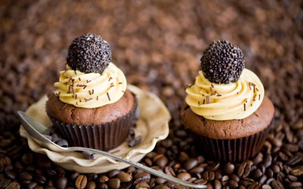 Two decadent cupcakes with creamy frosting and chocolate truffles sit on a decorative plate, surrounded by a rich background of coffee beans. A delightful food-themed desktop wallpaper.