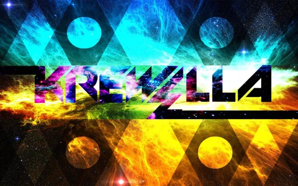 HD desktop wallpaper featuring the name Krewella amidst a vibrant, cosmic backdrop with geometric shapes.
