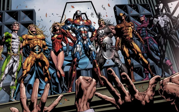 A dynamic HD wallpaper featuring iconic Marvel characters like Ms. Marvel, Iron Man, Thor, and Wolverine, showcasing the Dark Avengers in a vivid comic-style illustration.
