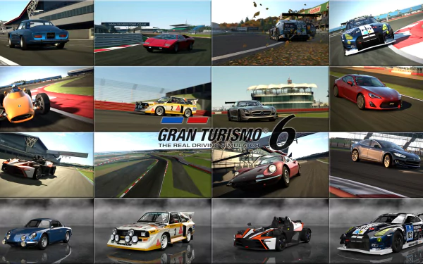 Collage of high-definition Gran Turismo 6 racing cars and tracks, showcasing various vehicles and dynamic race scenes from the video game as a PC desktop wallpaper.