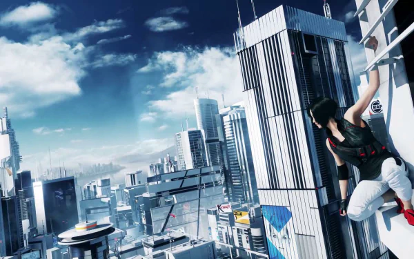 HD PC desktop wallpaper from the video game Mirror's Edge showcasing a runner scaling a futuristic cityscape under a bright blue sky.
