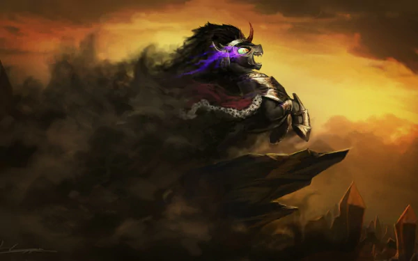 HD desktop wallpaper of King Sombra from the TV show My Little Pony: Friendship Is Magic, depicted with glowing purple eyes emerging from a dark, smoky mist at sunset.