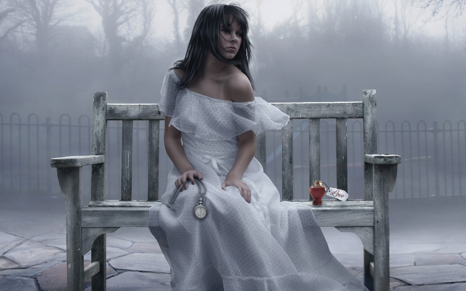 A woman in a white dress sits on a bench in a foggy, melancholic setting, holding a pocket watch. An apple is placed beside her. This HD image serves as a desktop wallpaper and background.
