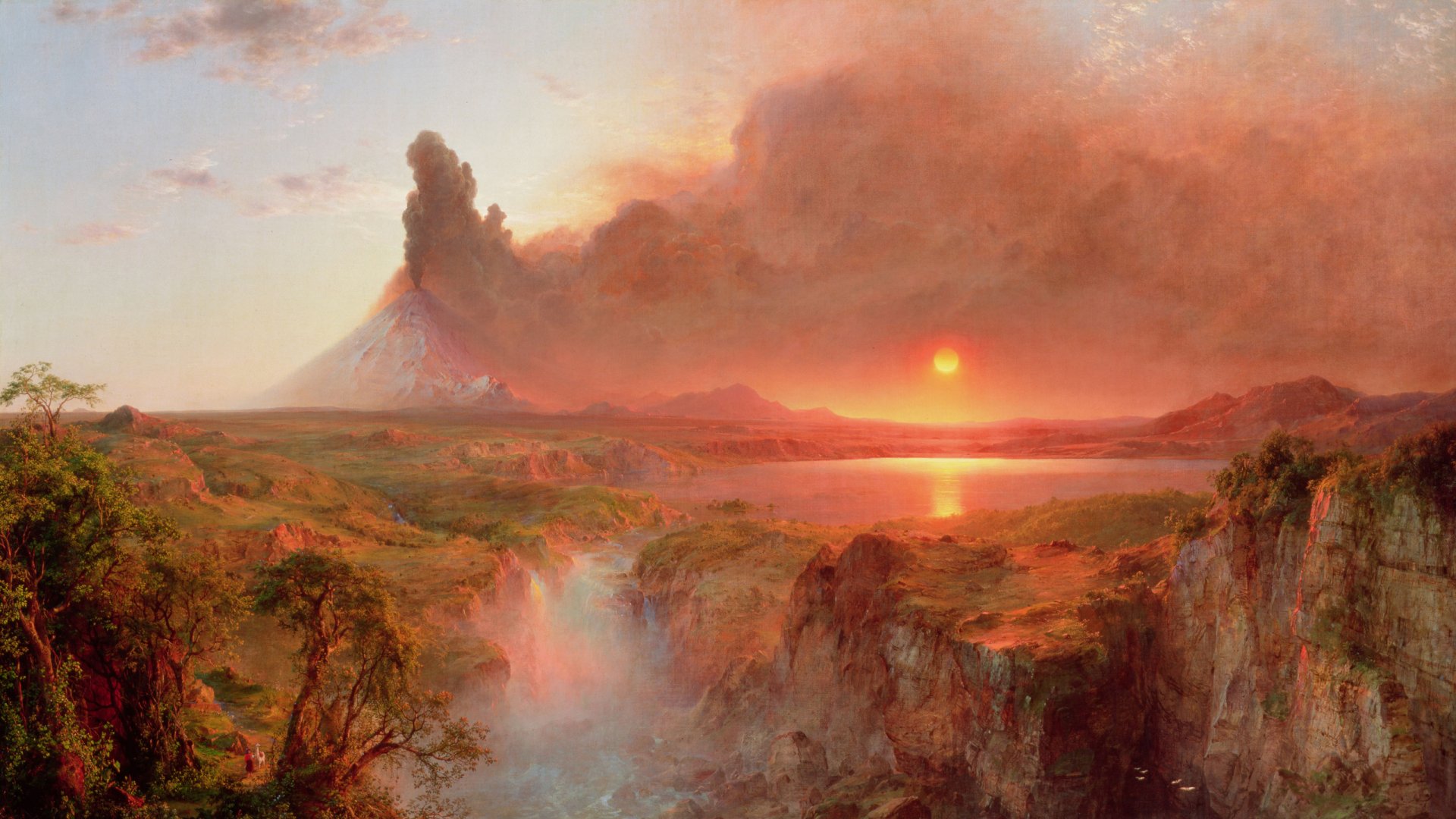 Artistic HD PC desktop wallpaper featuring a dramatic landscape with a volcanic eruption, glowing sunset, and lush terrain reflected in calm waters.