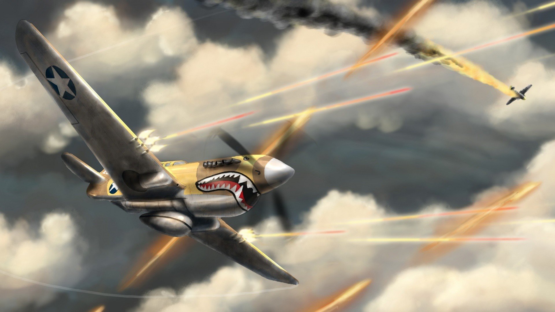 HD PC desktop wallpaper showing a military aircraft with shark mouth nose art flying through a dogfight amidst clouds and tracer fire.