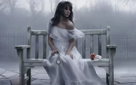 A woman in a white dress sits on a bench in a foggy, melancholic setting, holding a pocket watch. An apple is placed beside her. This HD image serves as a desktop wallpaper and background.