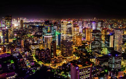 HD wallpaper of Tokyo, Japan, showcasing a vibrant, illuminated cityscape at night with numerous skyscrapers and colorful lights. A modern, man-made urban environment alive with energy and activity.