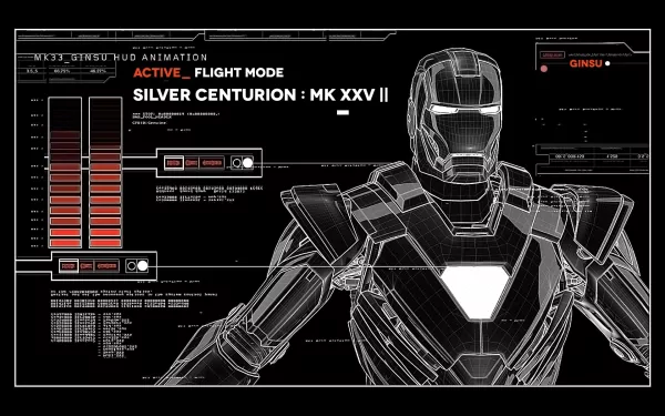 A sleek HD desktop wallpaper from Iron Man 3 featuring the Silver Centurion armor with an intricate display of flight mode and status indicators.