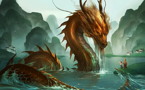 A stunning HD desktop wallpaper featuring a majestic sea monster rising from tranquil waters, surrounded by misty mountains, capturing the essence of fantasy.