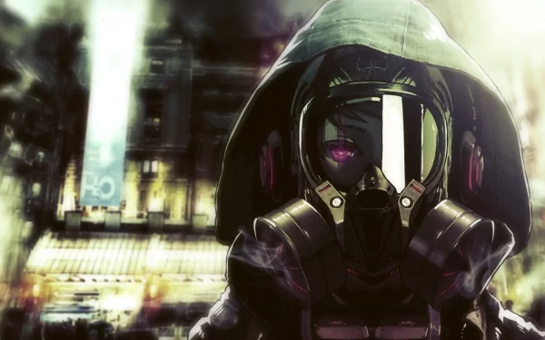 HD desktop wallpaper featuring a person in a gas mask with a dystopian cityscape background.