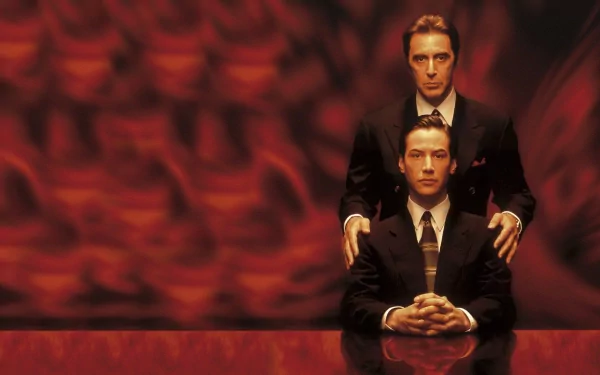 A striking HD wallpaper featuring Al Pacino and Keanu Reeves from the movie The Devil's Advocate, set against a dramatic red background.