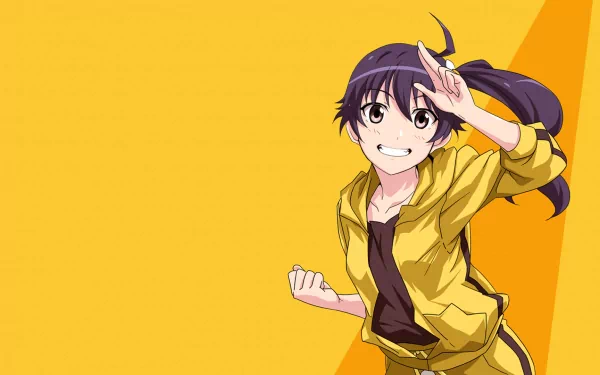 HD PC desktop wallpaper of Karen Araragi from the Monogatari anime series, featuring her in a dynamic pose against a bright yellow and orange background.