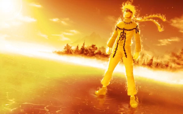 A glowing depiction of Naruto Uzumaki standing over water with a vibrant orange background, showcasing his ninja prowess. A captivating HD desktop wallpaper for anime fans of Naruto.