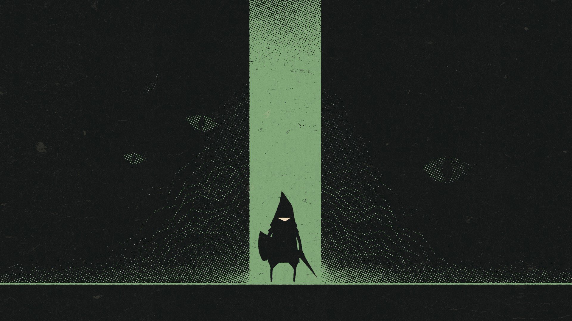HD desktop wallpaper featuring a shadowy figure standing before a glowing vertical strip in a dark, abstract setting.