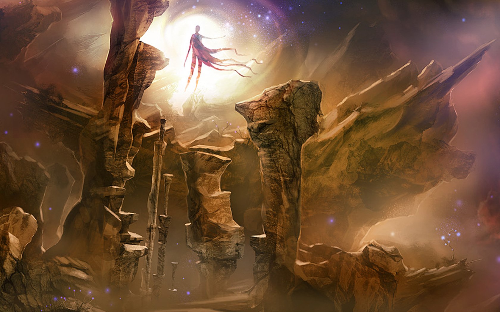 A stunning HD desktop wallpaper inspired by anime Tengen Toppa Gurren Lagann, featuring a mystical figure amidst dramatic rocky landscapes and a glowing atmosphere.