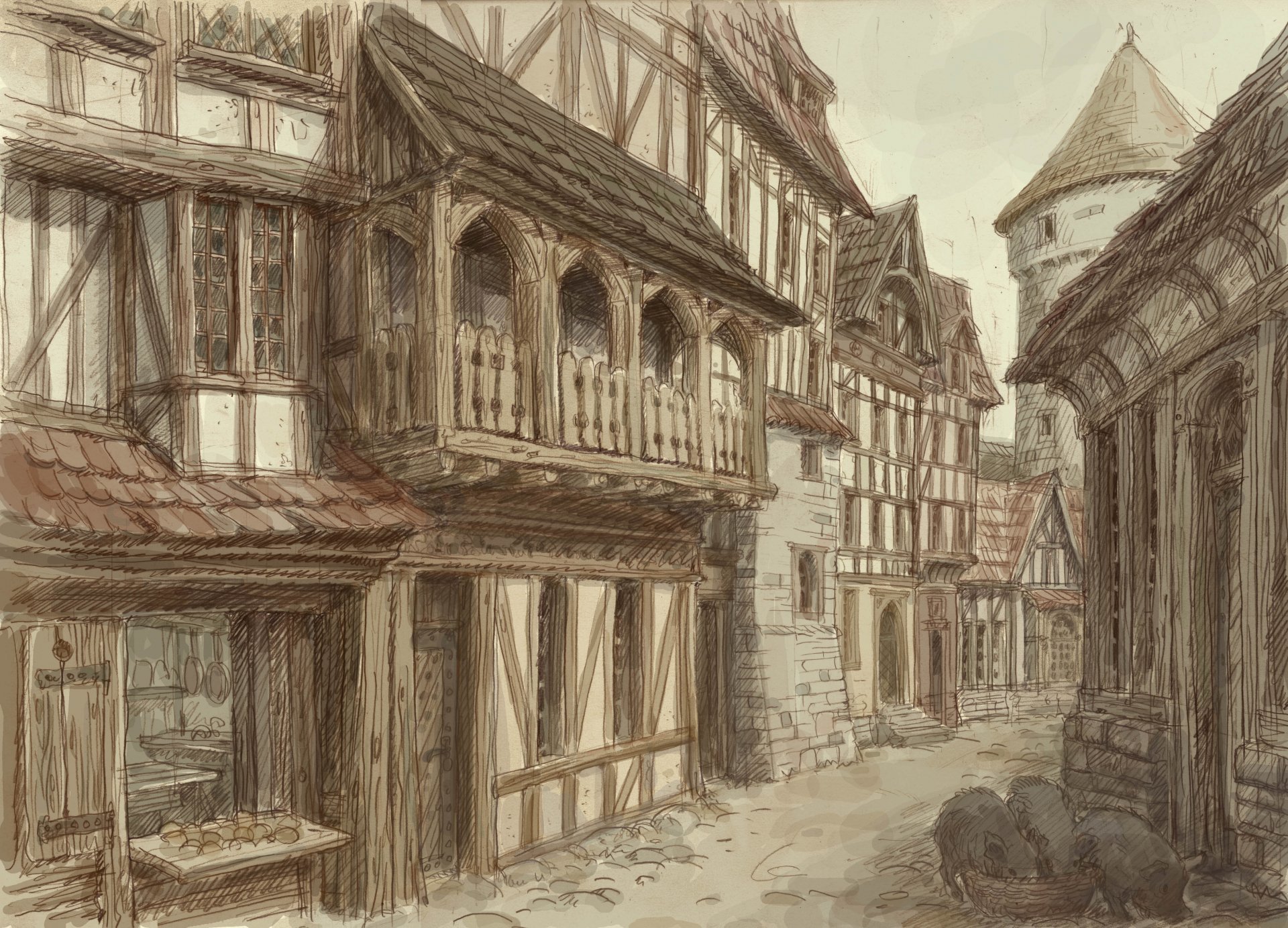 Artistic painting of a historic village street with timber-framed buildings, rendered in detailed 4K Ultra HD for a PC desktop wallpaper and background.
