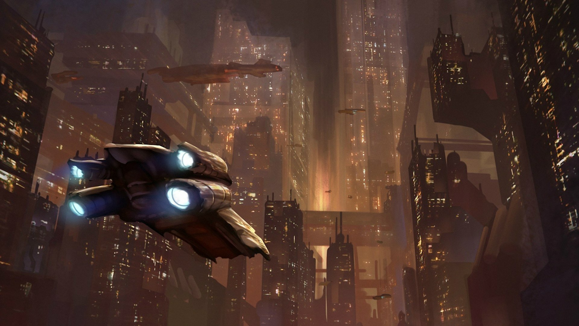A futuristic sci-fi cityscape illuminated by glowing skyscrapers, with a sleek spacecraft soaring through the atmosphere. An engaging HD desktop wallpaper for fans of sci-fi aesthetics.