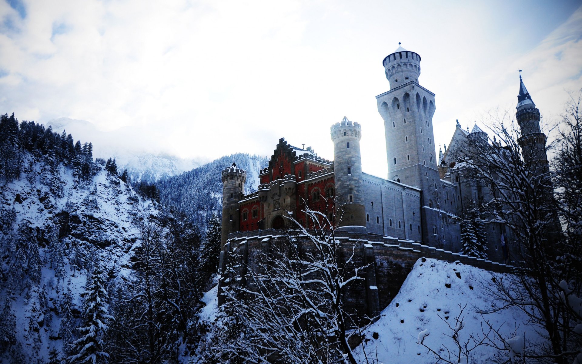 A stunning HD desktop wallpaper featuring a majestic castle surrounded by snow-covered trees and mountains, under a bright sky, capturing the beauty of man-made architecture in nature.