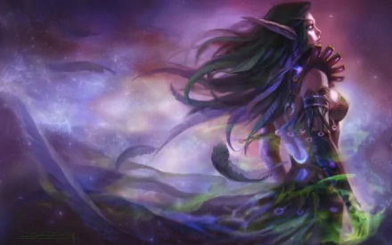 HD desktop wallpaper featuring a mystical character from World of Warcraft, with flowing hair and vibrant colors blending into a cosmic background.